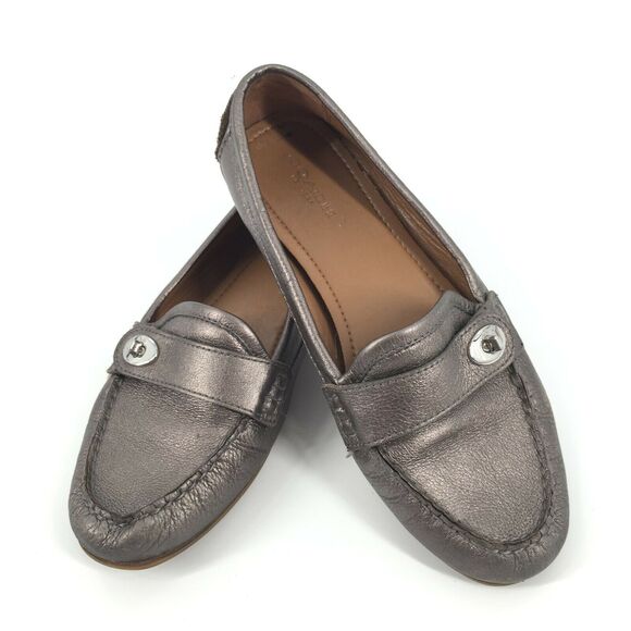 Coach Flash Slip On Leather Loafers 7 Pewter Silver Driving Flats A9377 - Picture 1 of 10